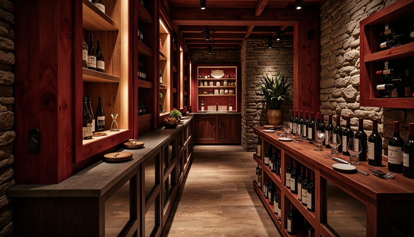 Prompt: Luxurious wine cellar, rich wood tones, dark stone walls, dimmed warm lighting, velvety reds, deep berry hues, earthy browns, golden accents, rustic metal hardware, wooden wine racks, glass-enclosed storage, ambient shadows, soft focus, 1/1 composition, natural textures, atmospheric misting.