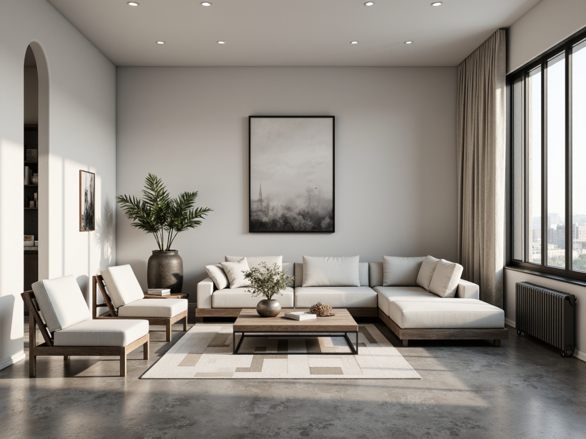 Prompt: Monochromatic living room, sleek low-profile furniture, polished concrete floors, industrial-chic metal accents, geometric-patterned rugs, minimalist artwork, subtle ambient lighting, soft creamy textures, 1/1 composition, shallow depth of field, realistic renderings, atmospheric misting effects.