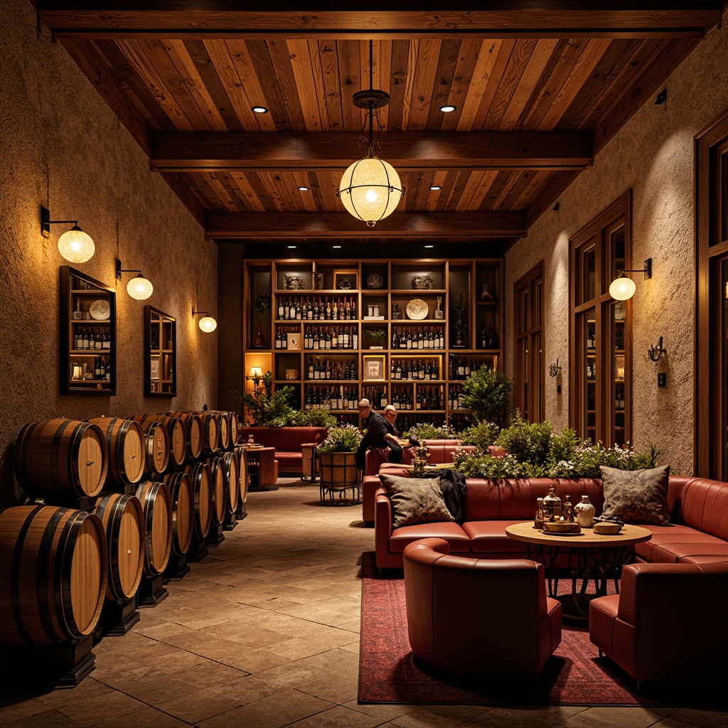 Prompt: Elegant wine cellar, rich wood tones, warm earthy colors, soft golden lighting, rustic stone walls, vintage wine barrels, classic wooden crates, intricate metalwork, luxurious leather furniture, dimmable LED lights, atmospheric ambiance, intimate seating areas, sophisticated color scheme, deep berry reds, velvety blacks, creamy whites, subtle grays, elegant typography, ornate metal accents, refined textures, soft focus photography, 2/3 composition, warm color temperature.