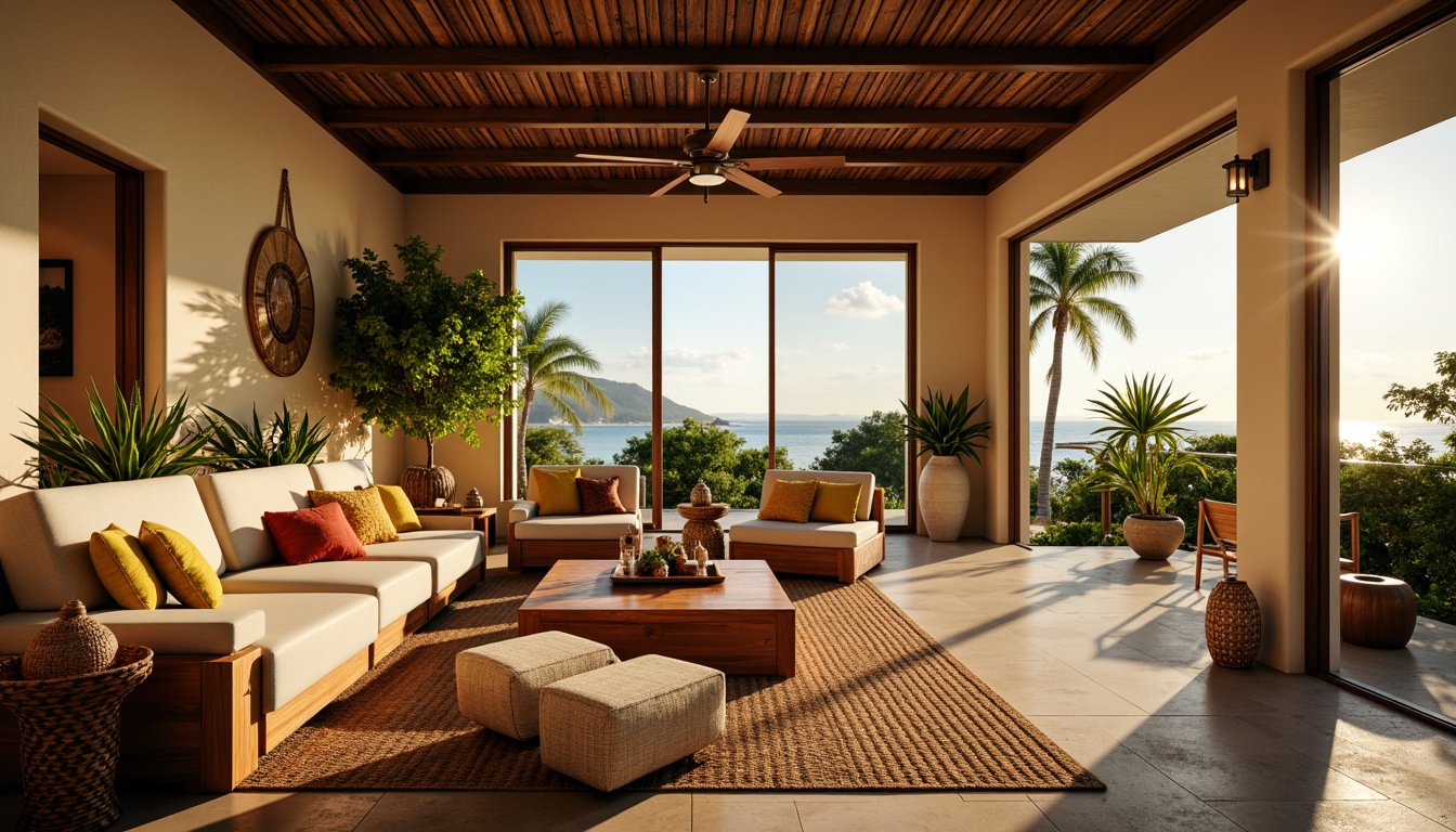 Prompt: Tropical family room, warm beige walls, exotic wooden furniture, plush sectional sofas, vibrant greenery, woven rattan armchairs, natural fiber rugs, colorful tasseled throw pillows, ambient lantern lighting, floor-to-ceiling windows, sliding glass doors, ocean views, lush palm trees, sunny afternoon, soft warm glow, 1/2 composition, realistic textures, atmospheric fog.