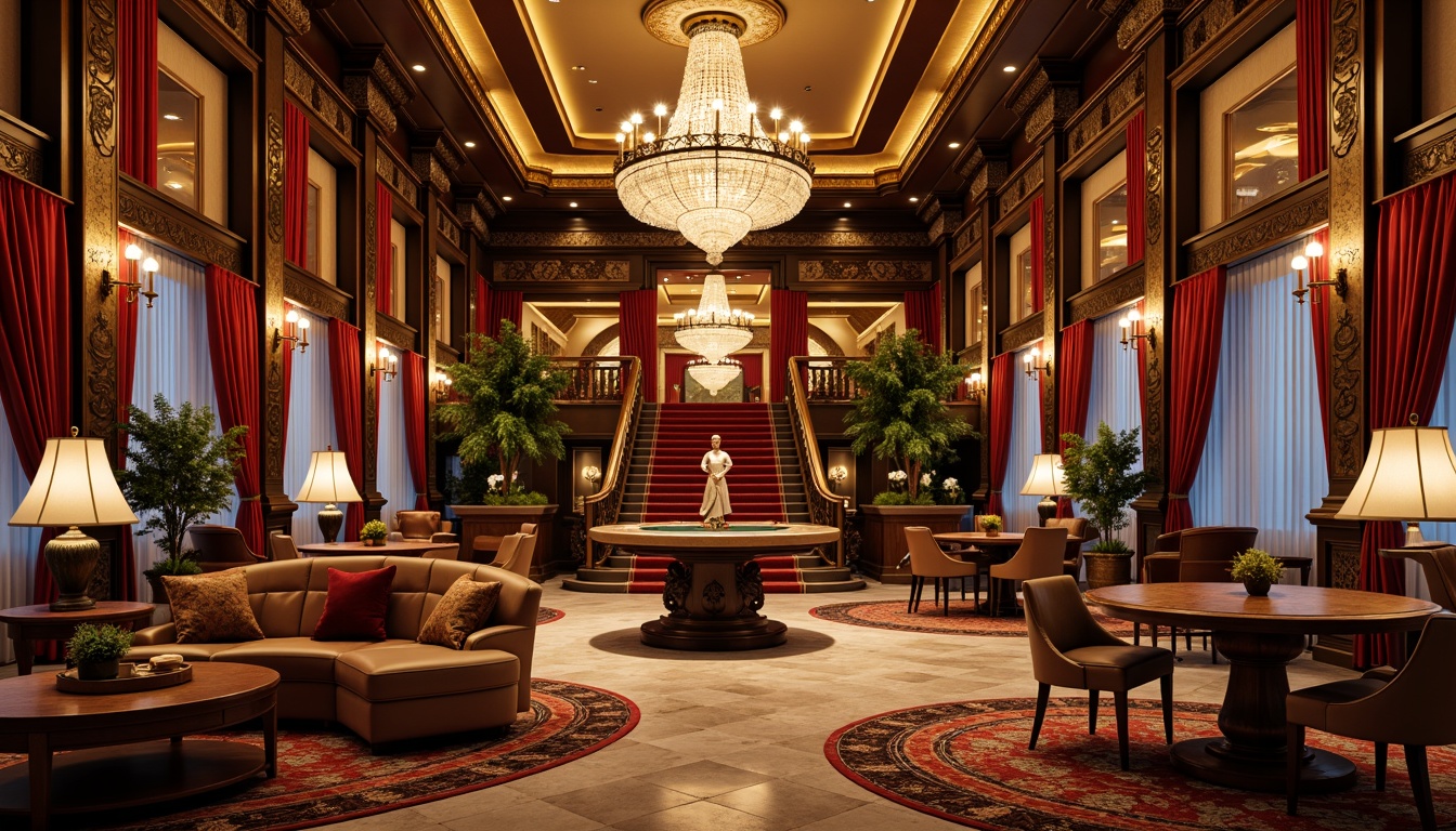 Prompt: Luxurious casino interior, rich velvet drapes, ornate gold accents, crystal chandeliers, marble floors, intricate moldings, plush carpets, antique furnishings, lavish upholstery, tufted leather armchairs, polished wooden tables, bronze statues, opulent lighting fixtures, dramatic ceiling heights, grand staircase, regal color palette, warm ambient glow, soft focus blur, 1/2 composition, cinematic atmosphere, realistic reflections.