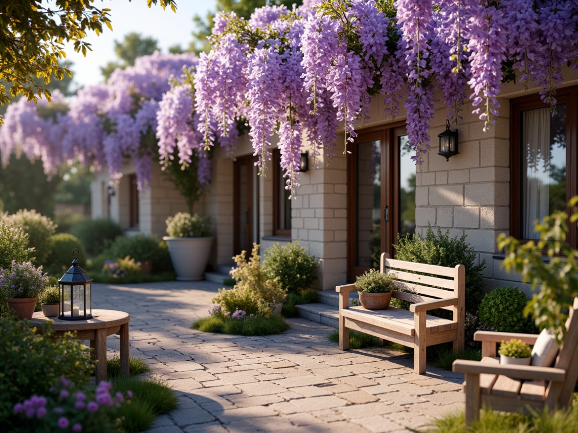 Prompt: Pastel wisteria flowers, soft lavender hues, delicate purple petals, gentle pink undertones, whimsical garden scenery, rustic wooden benches, vintage metal lanterns, distressed stone walls, lush green foliage, warm sunny afternoon, subtle golden lighting, shallow depth of field, 1/1 composition, intimate view, realistic textures, ambient occlusion.