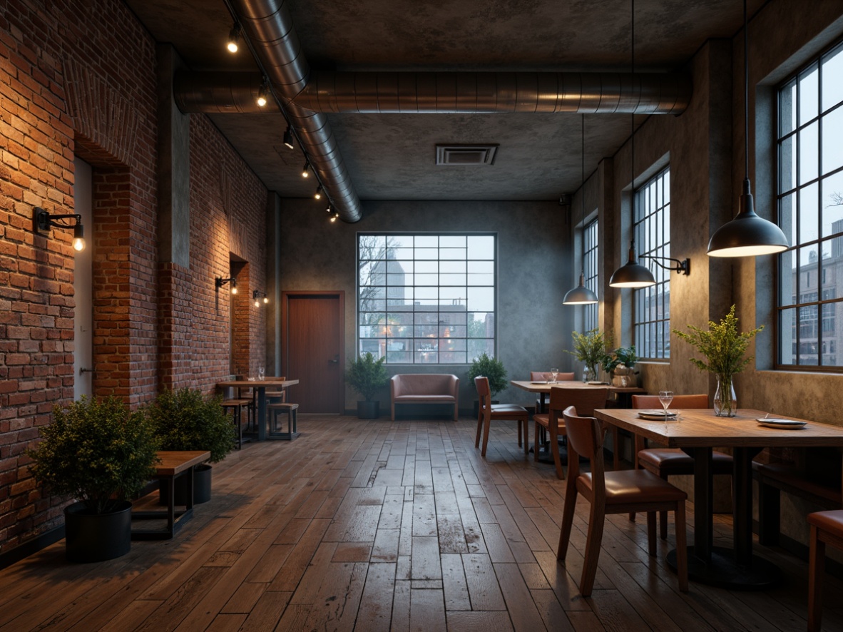 Prompt: Exposed brick walls, metal beams, reclaimed wood floors, industrial-style lighting fixtures, Edison bulbs, metal shades, pendant lamps, minimalist decor, functional aesthetic, urban loft atmosphere, concrete textures, distressed finishes, bold color accents, atmospheric misty lighting, high-contrast shading, dramatic spotlighting, 1/2 composition, cinematic mood, realistic renderings, ambient occlusion.