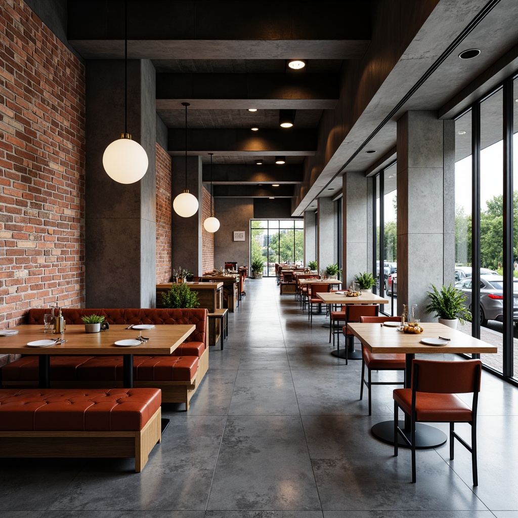 Prompt: Minimalist dining hall, rectangular tables, tubular steel chairs, leather upholstery, adjustable armrests, geometric patterns, bold color accents, industrial materials, exposed brick walls, polished concrete floors, modern chandeliers, spherical pendant lights, minimalist decor, functional simplicity, clean lines, rectangular forms, 1/1 composition, high-contrast lighting, dramatic shadows, subtle textures.