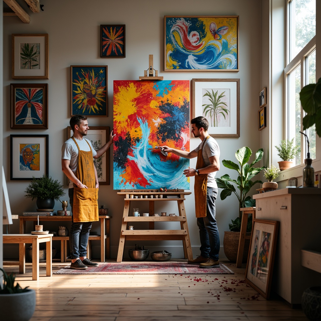 Prompt: Vibrant abstract painting, expressive brushstrokes, bold color palette, eclectic art pieces, modern art studio, natural light pouring in, wooden floorboards, easel stands, paint-splattered aprons, creative freedom, artistic expression, introspective atmosphere, soft background music, gentle warm lighting, shallow depth of field, 1/1 composition, realistic textures.