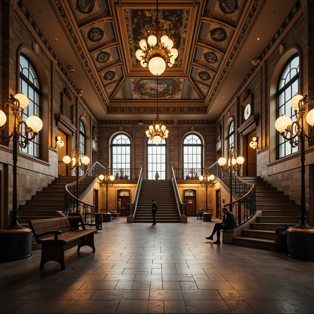 Prompt: Grandiose metro station, high ceilings, ornate chandeliers, intricate mosaics, wooden benches, vintage lamp posts, classic stone floors, detailed metalwork, rustic brick walls, arched windows, grand staircases, ornamental railings, warm soft lighting, shallow depth of field, 3/4 composition, realistic textures, ambient occlusion.