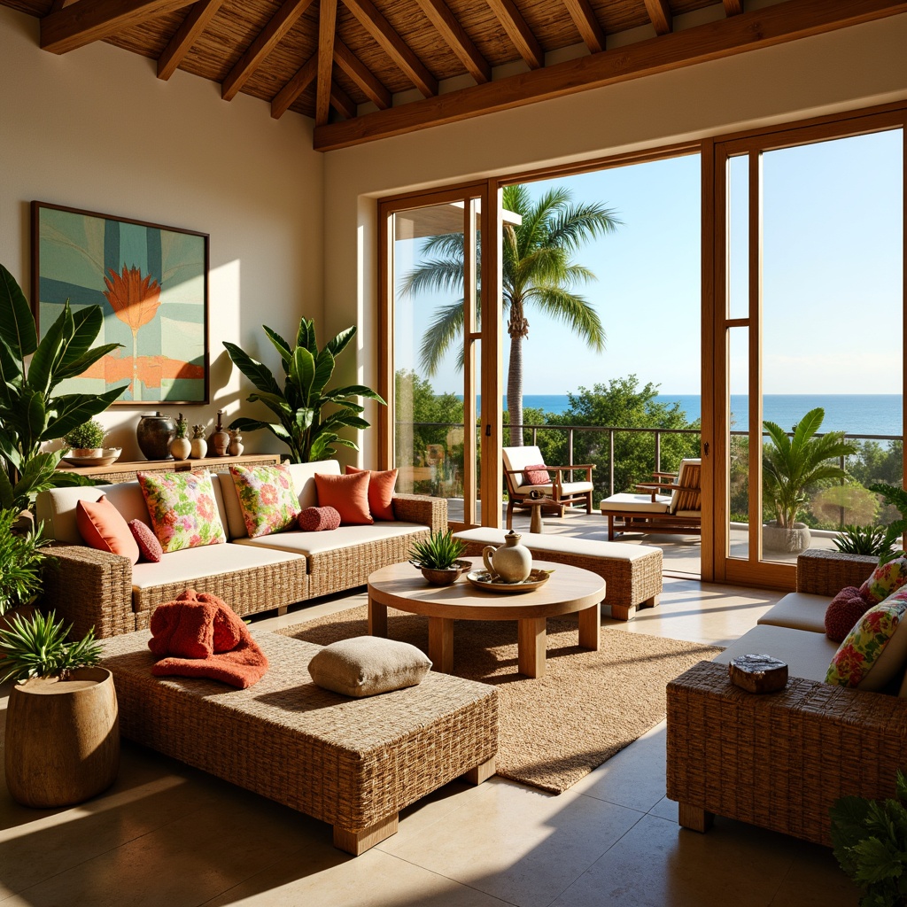 Prompt: Vibrant tropical family room, rattan furniture, plush cushions, natural wood accents, woven textiles, colorful floral patterns, exotic plants, warm beige walls, large windows, sliding glass doors, ocean views, sunny day, soft diffused lighting, shallow depth of field, 1/1 composition, relaxed atmosphere, ambient occlusion.