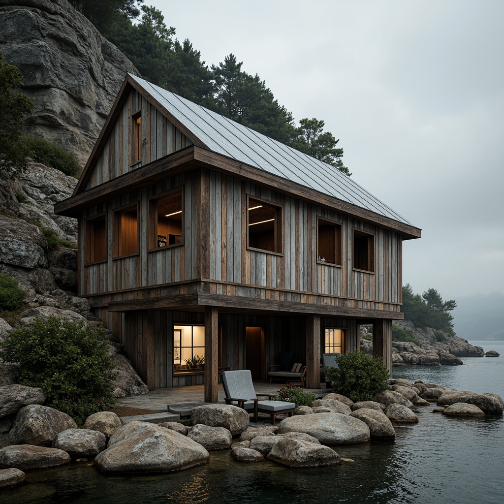 Prompt: Rustic boathouse, brutalist architecture, weathered wooden planks, corrugated metal roofing, rough-hewn stone walls, natural light pouring through clerestory windows, industrial metal beams, distressed wood accents, earthy color palette, rugged coastal landscape, overcast skies, misty atmosphere, softbox lighting, shallow depth of field, 2/3 composition, cinematic framing, gritty textures, ambient occlusion.