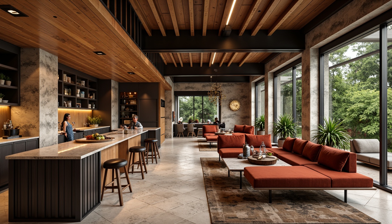 Prompt: Luxurious modern interior, rich wood textures, metallic accents, smooth marble countertops, plush velvet sofas, rustic stone walls, industrial metal beams, reclaimed wood flooring, cozy warm lighting, shallow depth of field, 1/1 composition, realistic reflections, ambient occlusion.