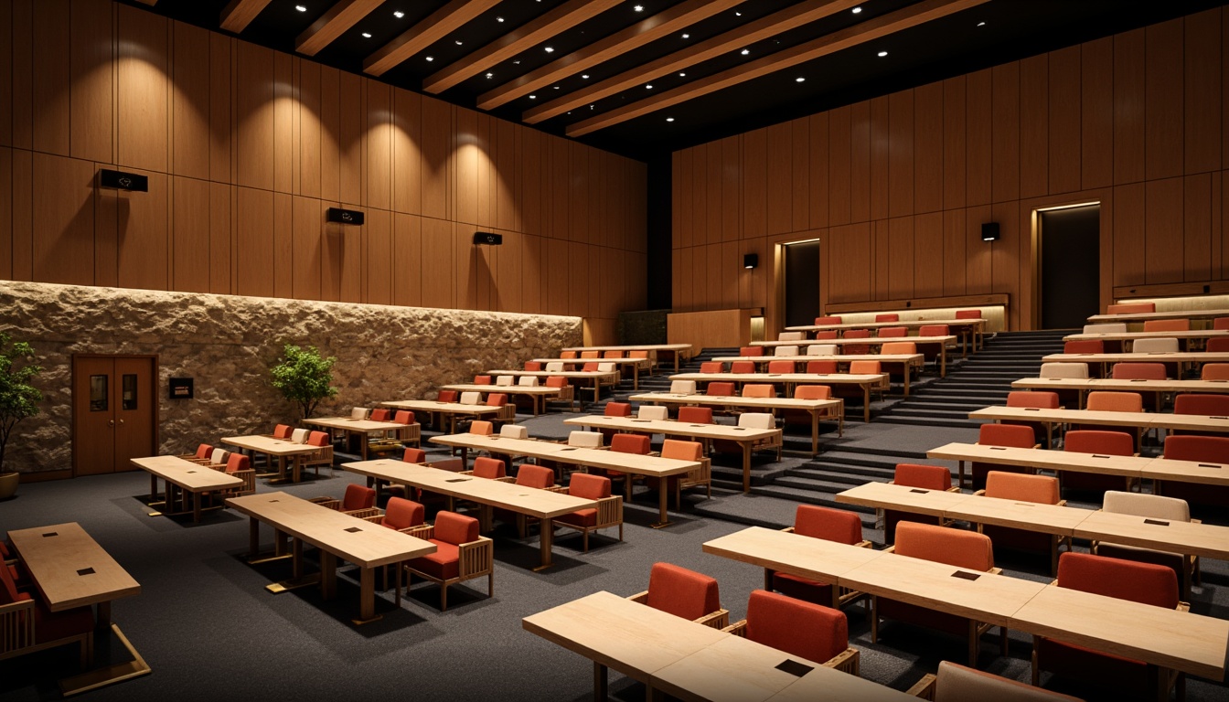 Prompt: Mid-century modern auditorium interior, tiered seating arrangement, wooden chairs, velvet upholstery, brass accents, geometric patterns, minimalist decor, natural stone walls, warm ambient lighting, 1/2 composition, shallow depth of field, realistic textures, soft focus effect.Please let me know if this meets your requirements!