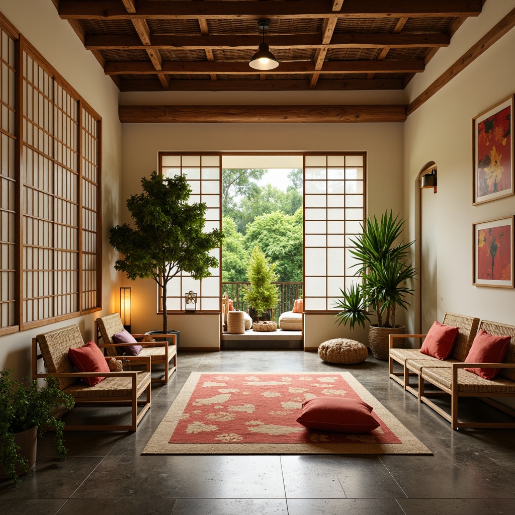 Prompt: Minimalist Asian-inspired interior, natural wood accents, woven bamboo furniture, paper lanterns, shoji screens, sliding glass doors, lush greenery, tropical plants, warm beige tones, cream-colored walls, polished concrete floors, industrial chic lighting fixtures, metallic accents, bold geometric patterns, vibrant red and gold hues, cozy reading nooks, plush throw blankets, soft warm lighting, shallow depth of field, 2/3 composition, intimate atmosphere.