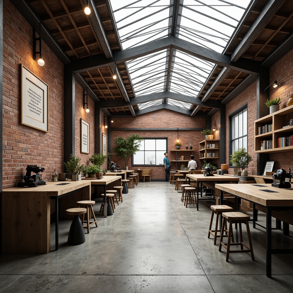 Prompt: Industrial-style workshop, exposed brick walls, polished concrete floors, wooden workbenches, metal shelving units, vintage machinery, reclaimed wood accents, Edison bulbs, steel beams, minimalist decor, natural light pouring in through large skylights, warm neutral color palette, distressed textures, rustic metal fixtures, ergonomic stools, collaborative workspace layout, modern technology integrations, inspirational quotes on walls, cozy reading nooks, soft warm lighting, shallow depth of field, 2/3 composition, realistic renderings.