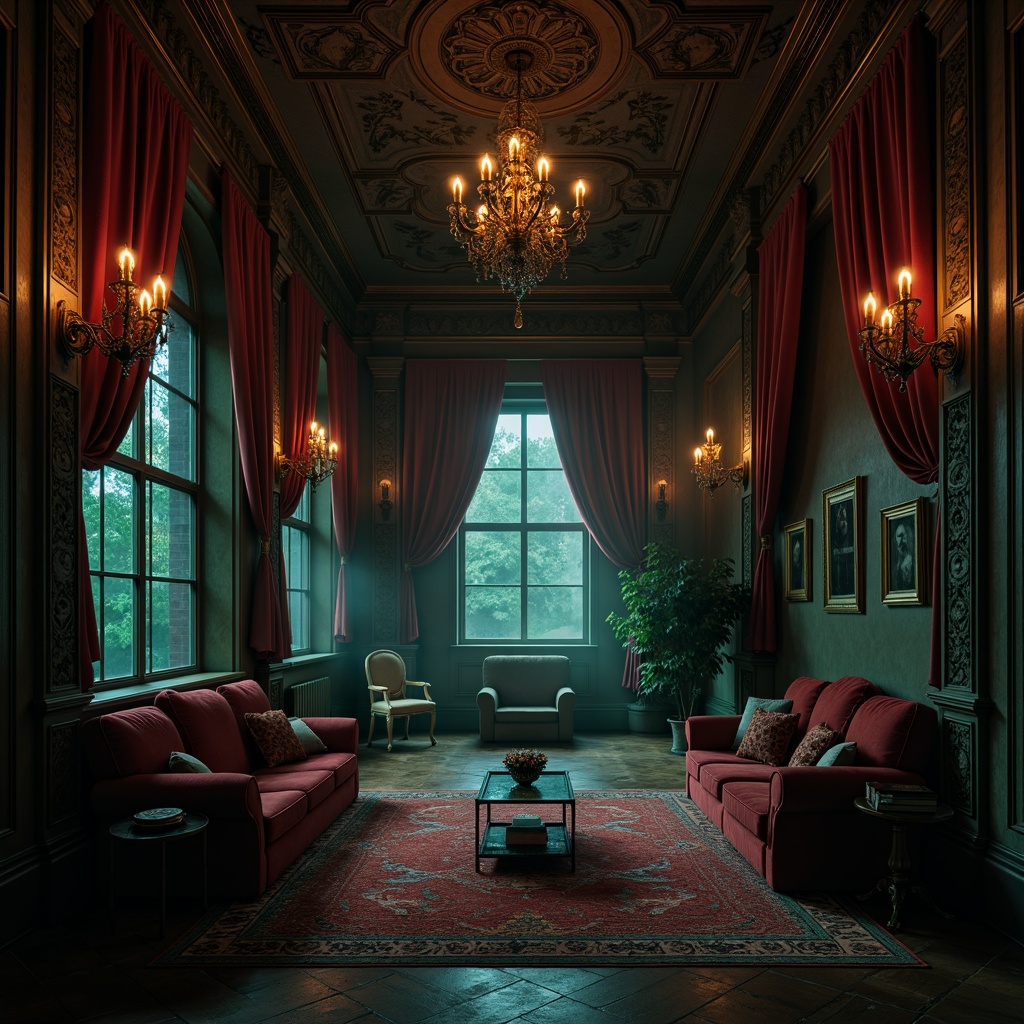 Prompt: Dark mysterious ambiance, ornate furnishings, rich velvet drapes, luxurious crimson reds, deep indigo blues, eerie emerald greens, muted gold accents, distressed wooden textures, intricate stone carvings, grandiose chandeliers, dim warm lighting, foggy atmospheric effects, cinematic composition, high contrast ratio, mysterious shadows, old master paintings, baroque patterns, mystical symbolism.