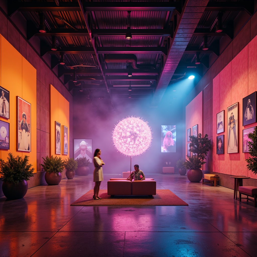 Prompt: Vibrant art gallery, high ceilings, polished concrete floors, minimalist decor, eclectic artwork, dramatic spotlights, warm ambient lighting, LED light installations, neon color accents, futuristic chandeliers, sleek metal fixtures, soft glowing orbs, atmospheric fog effects, 1/1 composition, low-key portrait lighting, cinematic mood, realistic reflections, detailed textures.