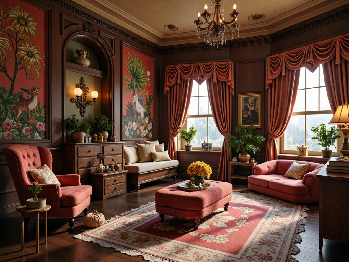 Prompt: \Whimsical kid's room, Victorian-inspired furniture, rich wood tones, intricate carvings, plush velvet fabrics, tufted upholstery, ornate metalwork, distressed finishes, vintage accents, storybook illustrations, fantasy creatures, oversized flowers, soft warm lighting, cozy reading nooks, built-in bookshelves, hidden storage compartments, elegant crown molding, sophisticated wallpaper patterns, luxurious drapery, playful color schemes, youthful energy, 3/4 composition, shallow depth of field, realistic textures, ambient occlusion.\