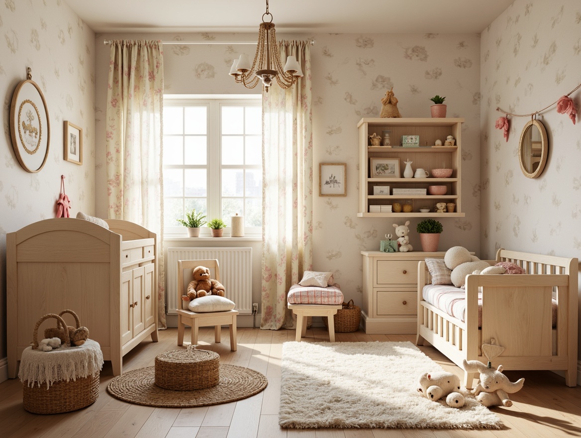 Prompt: Whimsical baby nursery, vintage-inspired furniture, distressed wood accents, soft pastel colors, floral patterns, ruffled curtains, plush area rugs, cuddly toys, woven baskets, natural fabrics, gentle lighting, warm beige walls, antique wooden cribs, delicate lace trim, satin ribbons, creamy whites, pale pinks, baby blocks, stuffed animals, 1/1 composition, soft focus, warm color palette.