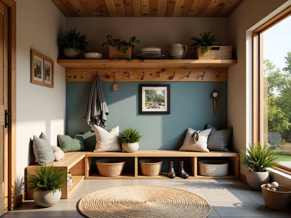 Prompt: Cozy mudroom, warm earthy tones, rich wood accents, soft beige walls, calming blue hues, natural stone floors, woven baskets, plush area rugs, rustic metal hooks, functional storage benches, vibrant greenery, sunny afternoon, soft warm lighting, 3/4 composition, realistic textures, ambient occlusion.