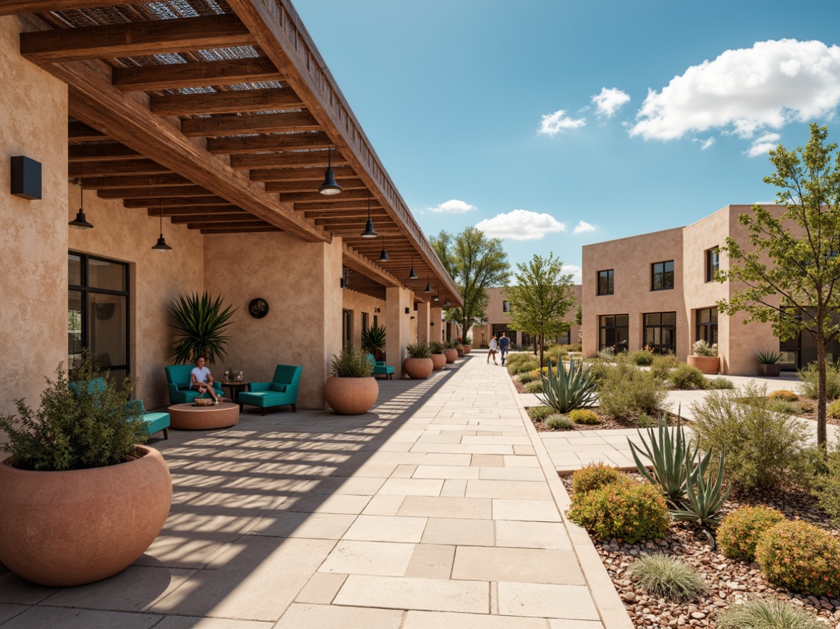 Prompt: Southwestern bus station, rustic plaster walls, earthy color palette, natural stone floors, wooden beam ceilings, vibrant turquoise accents, wrought iron decorations, adobe-inspired architecture, desert landscape, cacti plants, clear blue sky, warm sunny day, large windows, metal roofs, modern transportation hubs, industrial lighting fixtures, minimalist seating areas, Southwestern patterns, terracotta pottery, ethnic textiles, 3/4 composition, shallow depth of field, realistic textures.