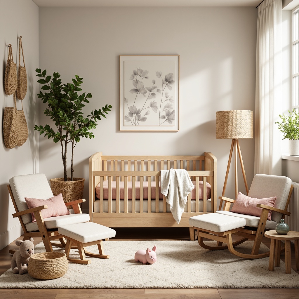 Prompt: Cozy nursery, soft pastel colors, plush toys, gentle lighting, natural wood cribs, woven baskets, textured wallpaper, subtle patterns, warm beige carpets, comfortable gliders, creamy whites, soothing ambiance, shallow depth of field, 1/1 composition, realistic fabrics, ambient occlusion.