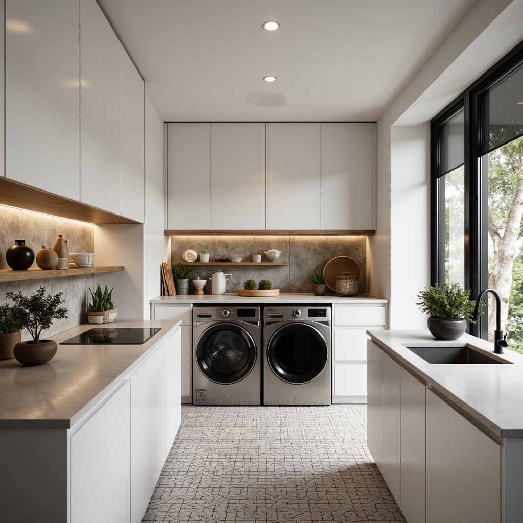 Prompt: Modern laundry interior, sleek lines, minimalist design, white cabinets, stainless steel appliances, LED lighting, quartz countertops, matte black faucet, geometric patterned flooring, industrial-style shelving, functional storage solutions, natural stone accent walls, soft warm lighting, shallow depth of field, 3/4 composition, realistic textures, ambient occlusion.