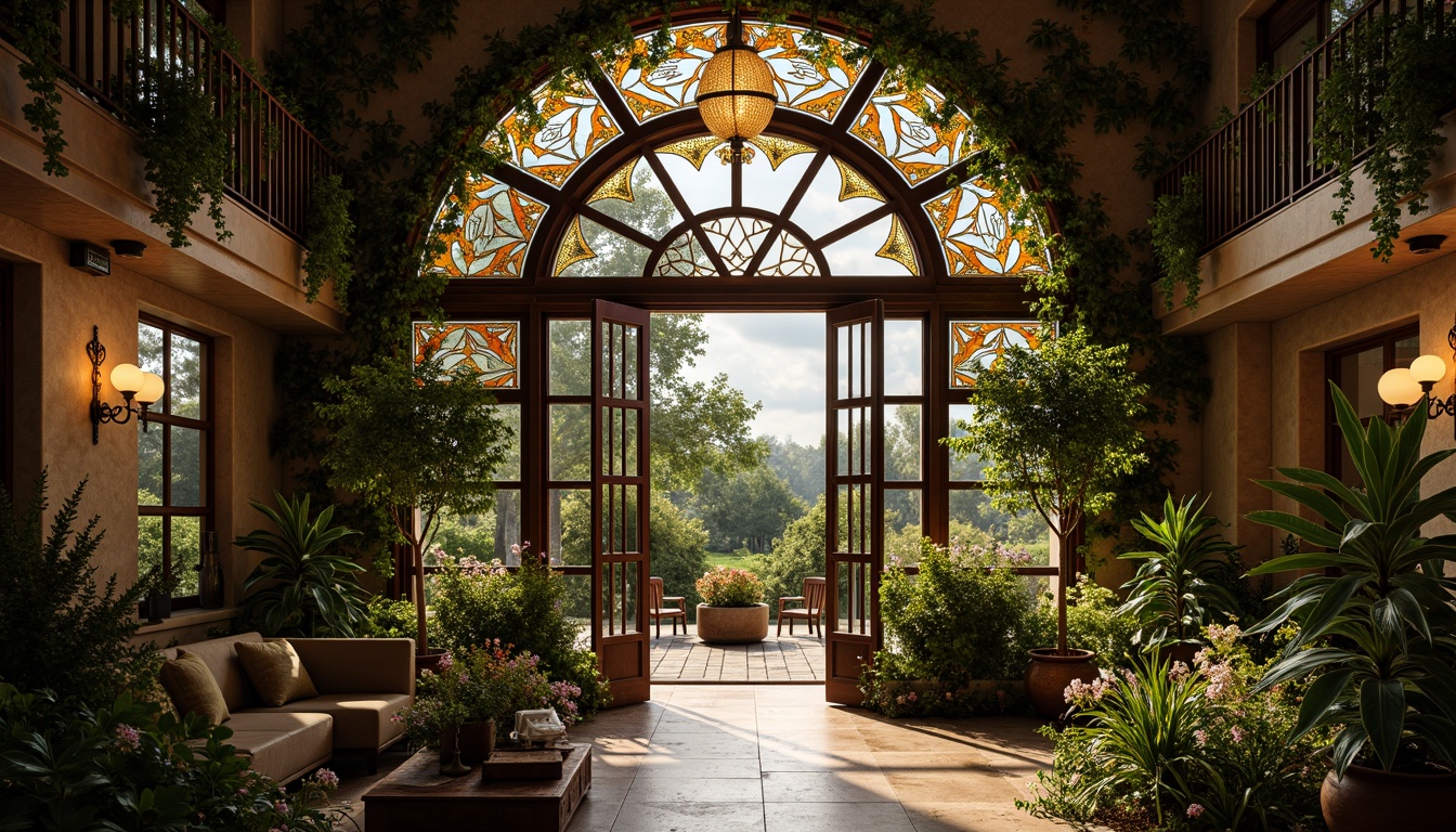 Prompt: Whimsical botanical gardens, ornate ironwork gates, flowing organic lines, sinuous tendrils, delicate florals, shimmering stained glass, intricate mosaics, luxurious velvety textures, rich jewel-toned colors, elegant curved balconies, grandiose entranceways, opulent chandeliers, dramatic spot lighting, warm golden tones, soft focus blur, 1/2 composition, romantic atmosphere, subtle depth cues.