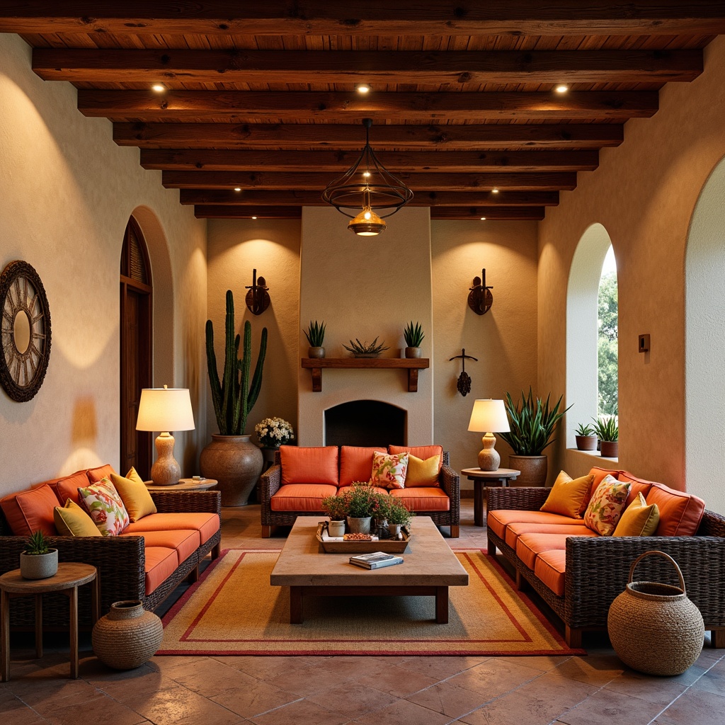 Prompt: Southwestern living room, warm earthy tones, natural stone walls, wooden beam ceilings, rustic wooden furniture, vibrant colorful textiles, woven baskets, potted cacti, ambient warm lighting, table lamps with rattan shades, floor lamps with ceramic bases, pendant lights with wicker details, warm white lighting, soft box-shaped shadows, 1/1 composition, cozy intimate atmosphere, realistic fabric textures, subtle gradient effects.