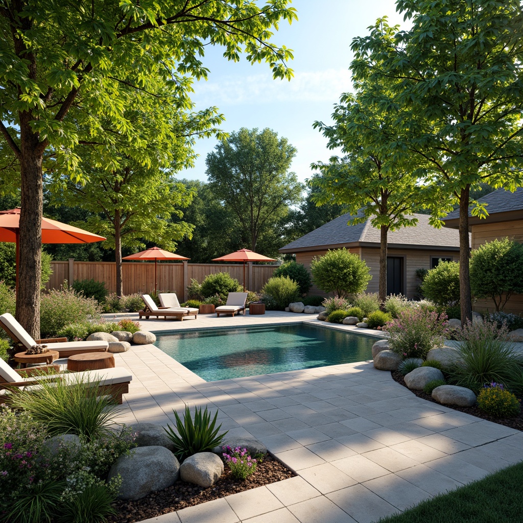 Prompt: Inviting backyard oasis, lush greenery, vibrant flowers, tranquil water features, natural stone decking, wooden pool fencing, comfortable lounge chairs, colorful outdoor umbrellas, refreshing misting systems, warm sunny day, soft gentle lighting, shallow depth of field, 3/4 composition, panoramic view, realistic textures, ambient occlusion.