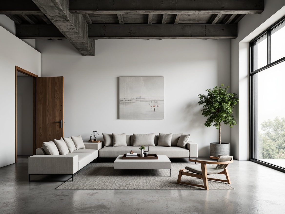 Prompt: Minimalist living room, sleek low-profile sofa, monochromatic color scheme, polished concrete floors, industrial metal beams, geometric-shaped coffee table, Scandinavian-inspired wooden chairs, floor-to-ceiling windows, soft natural lighting, subtle textures, 1/1 composition, shallow depth of field, realistic reflections, ambient occlusion.