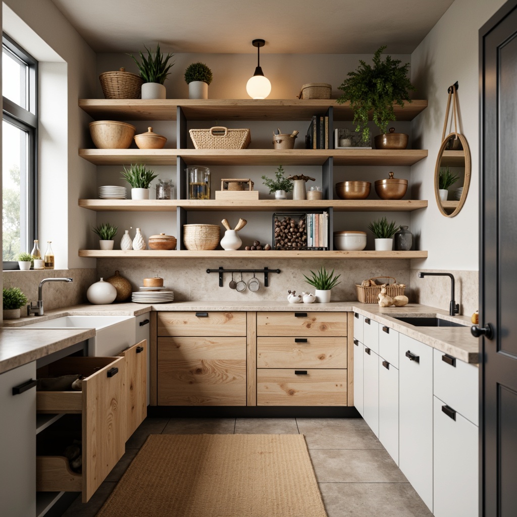 Prompt: Scandinavian-style pantry, light-filled interior, wooden accents, minimalist decor, sleek storage solutions, modern cabinetry, pull-out drawers, soft-close doors, adjustable shelving, wall-mounted organizers, industrial-chic metal racks, woven basketry, natural stone countertops, matte black hardware, ambient warm lighting, shallow depth of field, 1/1 composition, realistic textures.