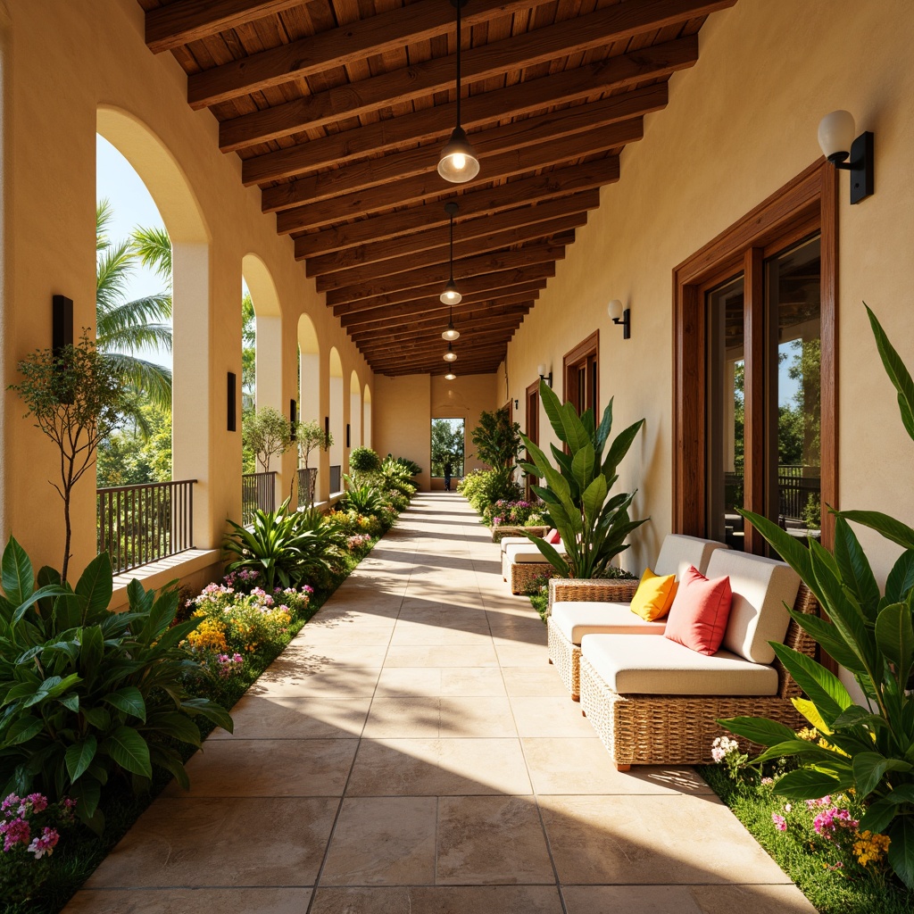 Prompt: Vibrant tropical hallway, warm beige walls, rich wooden accents, lush greenery, exotic flower patterns, bright coral hues, sunny yellow shades, calming turquoise tones, natural stone flooring, woven rattan furniture, subtle linen textures, soft golden lighting, shallow depth of field, 1/1 composition, realistic renderings, ambient occlusion.