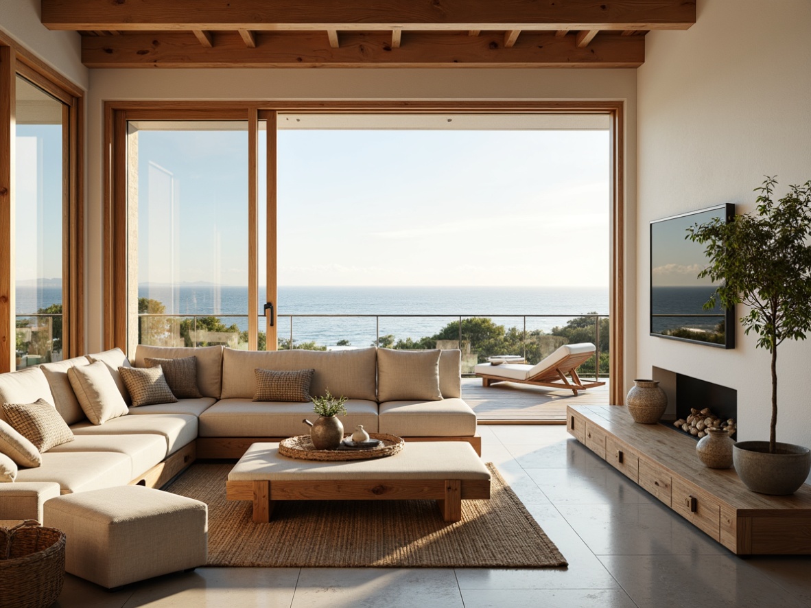 Prompt: Coastal living room, large windows, sliding glass doors, ocean views, natural light pouring in, soft warm glow, airy atmosphere, driftwood accents, sea-salt colors, woven textiles, linen upholstery, organic shapes, reclaimed wood furniture, nautical ropes, minimal ornamentation, beachy vibes, serene ambiance, morning sunlight, gentle breeze, 1/1 composition, shallow depth of field, realistic textures.