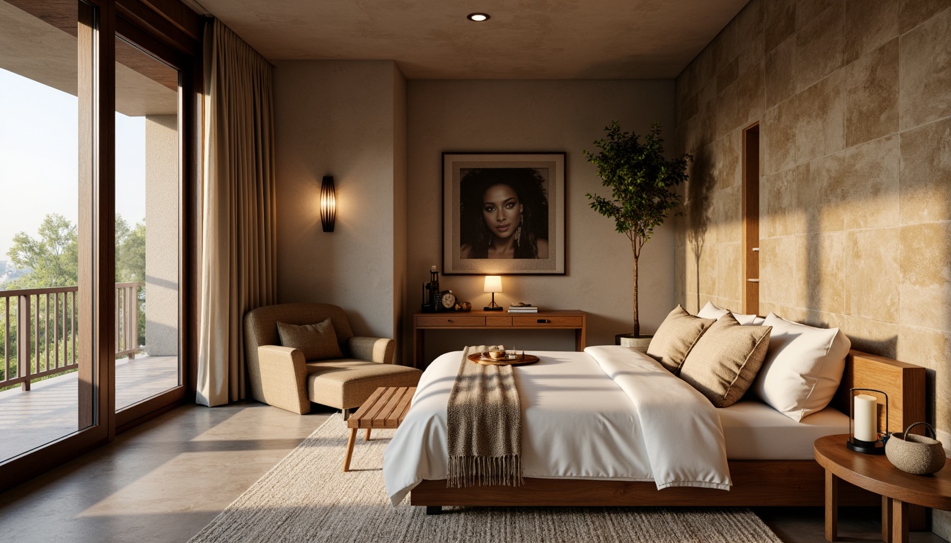 Prompt: Cozy bedroom atmosphere, soft warm lighting, textured wall surfaces, natural stone finishes, earthy color palette, organic shapes, minimalist decor, comfortable seating areas, plush carpeting, floor-to-ceiling windows, sheer curtains, calming ambiance, serene retreat, 3/4 composition, shallow depth of field, realistic textures, ambient occlusion.