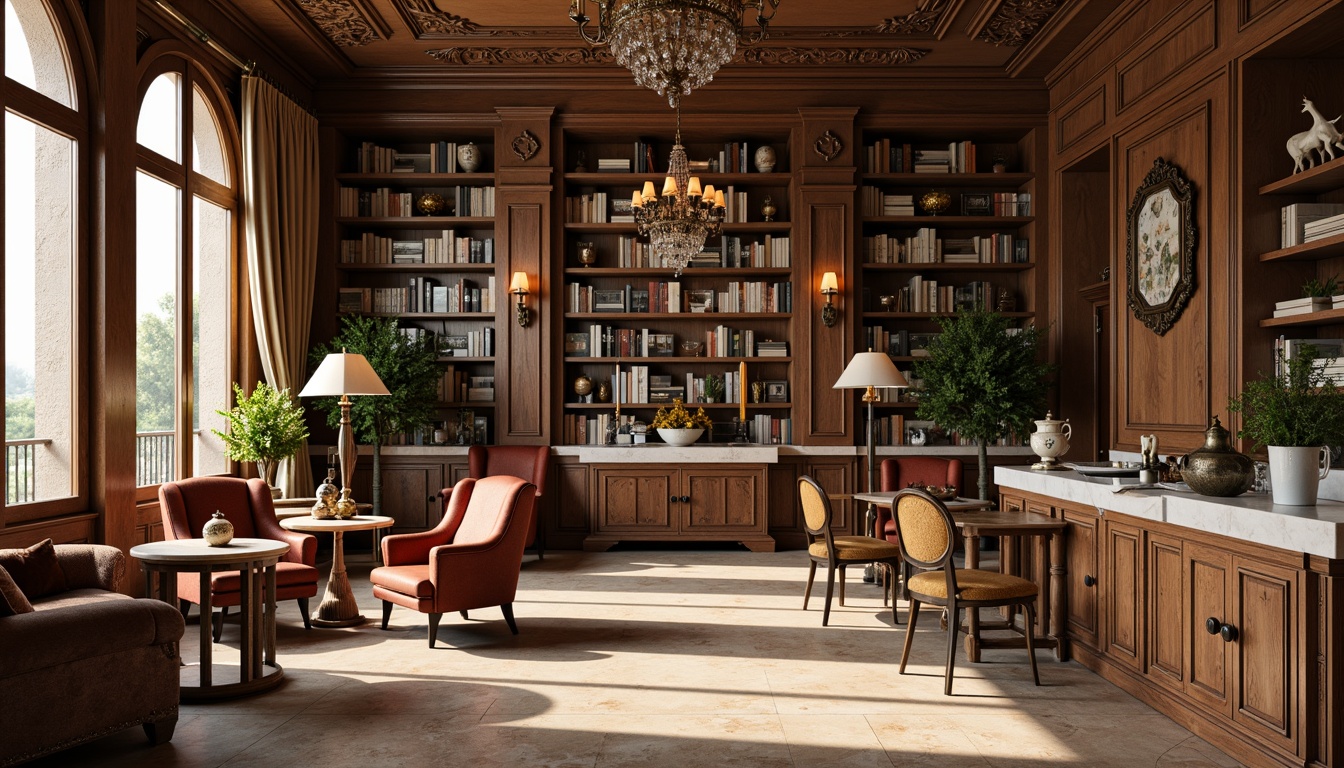 Prompt: Richly ornamented bookshelves, distressed wood tones, plush velvet armchairs, ornate metal legs, soft golden lighting, rustic wooden tables, vintage-inspired leather sofas, classic rolled-arm accents, intricately carved wooden panels, warm beige stone flooring, elegant crystal chandeliers, luxurious silk drapes, subtle floral patterns, creamy white marble countertops, antique bronze hardware, serene natural scenery, warm afternoon sunlight, shallow depth of field, 2/3 composition, realistic wood textures.