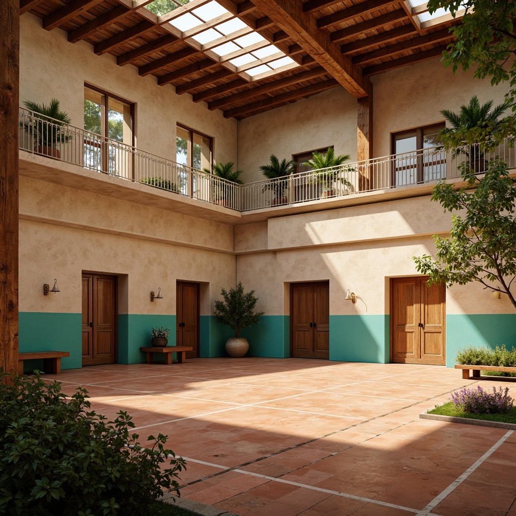 Prompt: Warm Mediterranean gymnasium, earthy terracotta flooring, creamy stucco walls, vibrant turquoise accents, rustic wooden beams, lush greenery, natural stone columns, ornate metalwork, sunny skylights, soft warm lighting, shallow depth of field, 3/4 composition, panoramic view, realistic textures, ambient occlusion.