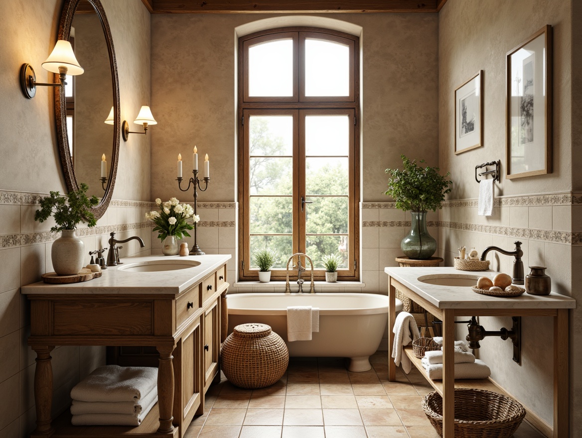 Prompt: Rustic French country bathroom, distressed wood vanity, ornate metal fixtures, soft warm lighting, creamy white marble countertops, decorative ceramic tiles, vintage-inspired faucets, woven wicker baskets, plush towels, fresh flowers, elegant candelabras, large windows, natural stone floors, earthy color palette, warm beige tones, 1/1 composition, shallow depth of field, realistic textures, ambient occlusion.