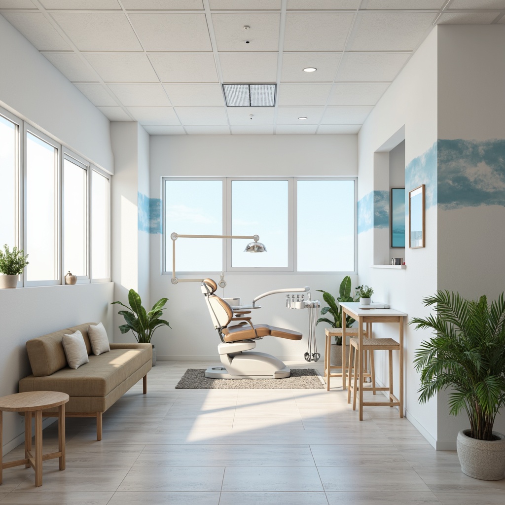 Prompt: Calming dental clinic, soothing white walls, gentle blue accents, warm beige furniture, natural wood textures, subtle chrome details, modern minimalist decor, bright overhead lighting, softbox shadows, shallow depth of field, 1/1 composition, realistic reflections, ambient occlusion.