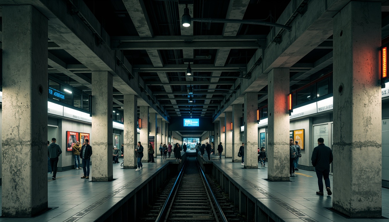 Prompt: Underground train station, brutalist architecture, exposed concrete beams, industrial metal columns, raw concrete walls, minimalist design, functional lighting, industrial-style lamps, overhead tracks, urban atmosphere, busy commuters, rush hour scene, dramatic shadows, high contrast lighting, bold color accents, neon signs, retro-futuristic elements, dynamic motion blur, 1/2 composition, low-angle shot, cinematic mood, gritty textures, ambient occlusion.