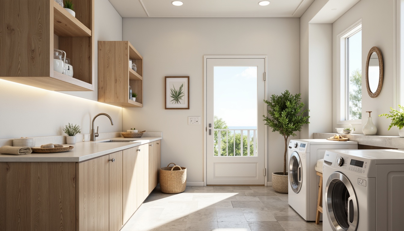 Prompt: Clean laundry room, soft pastel colors, calming atmosphere, modern appliances, sleek countertops, shiny faucets, natural stone flooring, minimal decor, ample storage space, bright overhead lighting, warm task lighting, 1/2 composition, shallow depth of field, realistic textures, ambient occlusion.