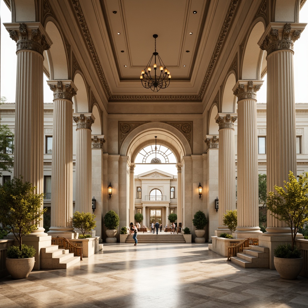 Prompt: Grand neoclassical community center, imposing columns with ornate capitals, majestic archways, intricate moldings, symmetrical facade, grand entrance with bronze doors, elegant staircases, marble floors, ornate chandeliers, high ceilings, natural light pouring in, warm beige color scheme, subtle texture details, shallow depth of field, 1/1 composition, realistic render, ambient occlusion.