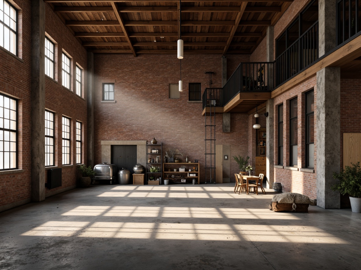 Prompt: Rustic warehouse, exposed brick walls, metal beams, industrial pipes, reclaimed wood accents, urban loft atmosphere, natural light pouring, high ceilings, open space, minimalist decor, distressed textures, warm color palette, vintage machinery, metal scaffolding, concrete floors, urban decay, gritty ambiance, dramatic shadows, high contrast lighting, cinematic composition.