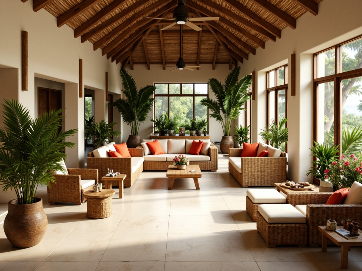 Prompt: Tropical hall, high ceilings, large windows, natural materials, wicker furniture, rattan chairs, wooden tables, colorful throw pillows, vibrant greenery, exotic flowers, palm trees, warm beige walls, creamy white floors, ambient lighting, soft shadows, 1/1 composition, realistic textures, relaxed atmosphere, airy feel, natural ventilation.