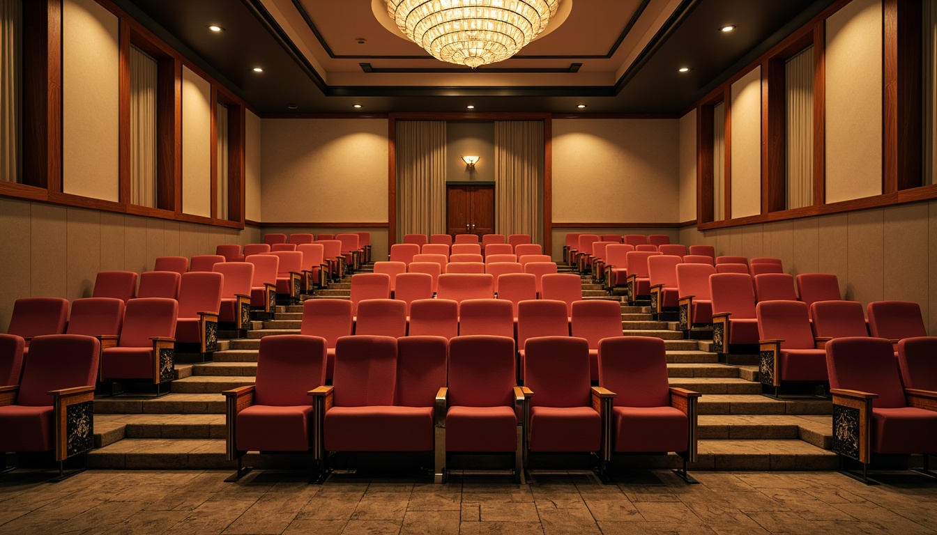 Prompt: Retro-style auditorium, mid-century modern design, curved rows of seats, plush velvet upholstery, wooden armrests, ornate metal legs, subtle patterned carpets, warm beige walls, sleek chrome railings, minimalist stage lighting, dramatic ceiling architecture, grand chandelier, soft box seating, intimate atmosphere, 1/2 composition, shallow depth of field, cinematic mood lighting, realistic fabric textures.