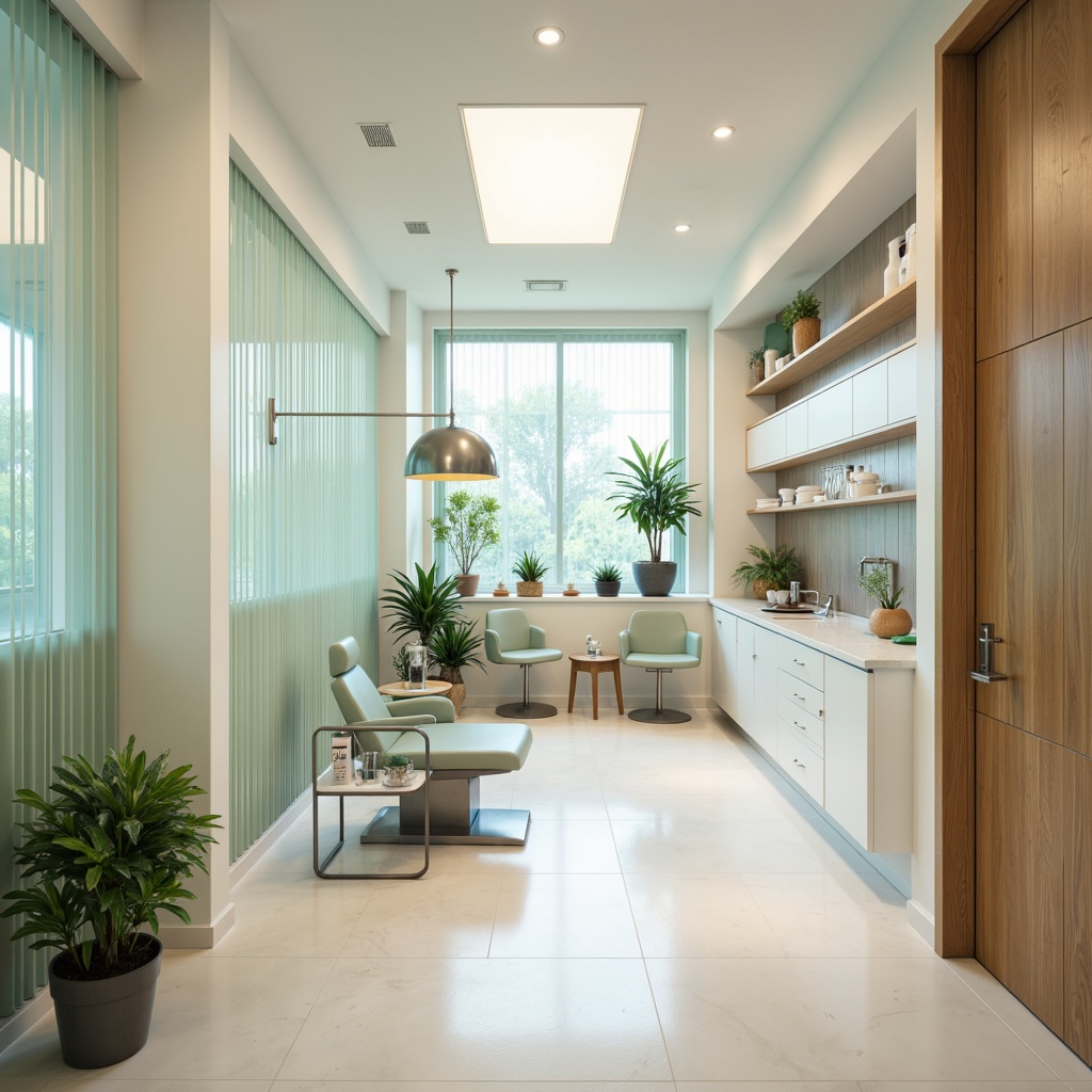 Prompt: Calming dental clinic, soft pastel hues, gentle whites, creamy beiges, soothing blues, subtle mint greens, warm wood accents, sleek metal fixtures, modern minimalist decor, natural light filtering, warm ambient glow, shallow depth of field, 1/1 composition, realistic textures, ambient occlusion.