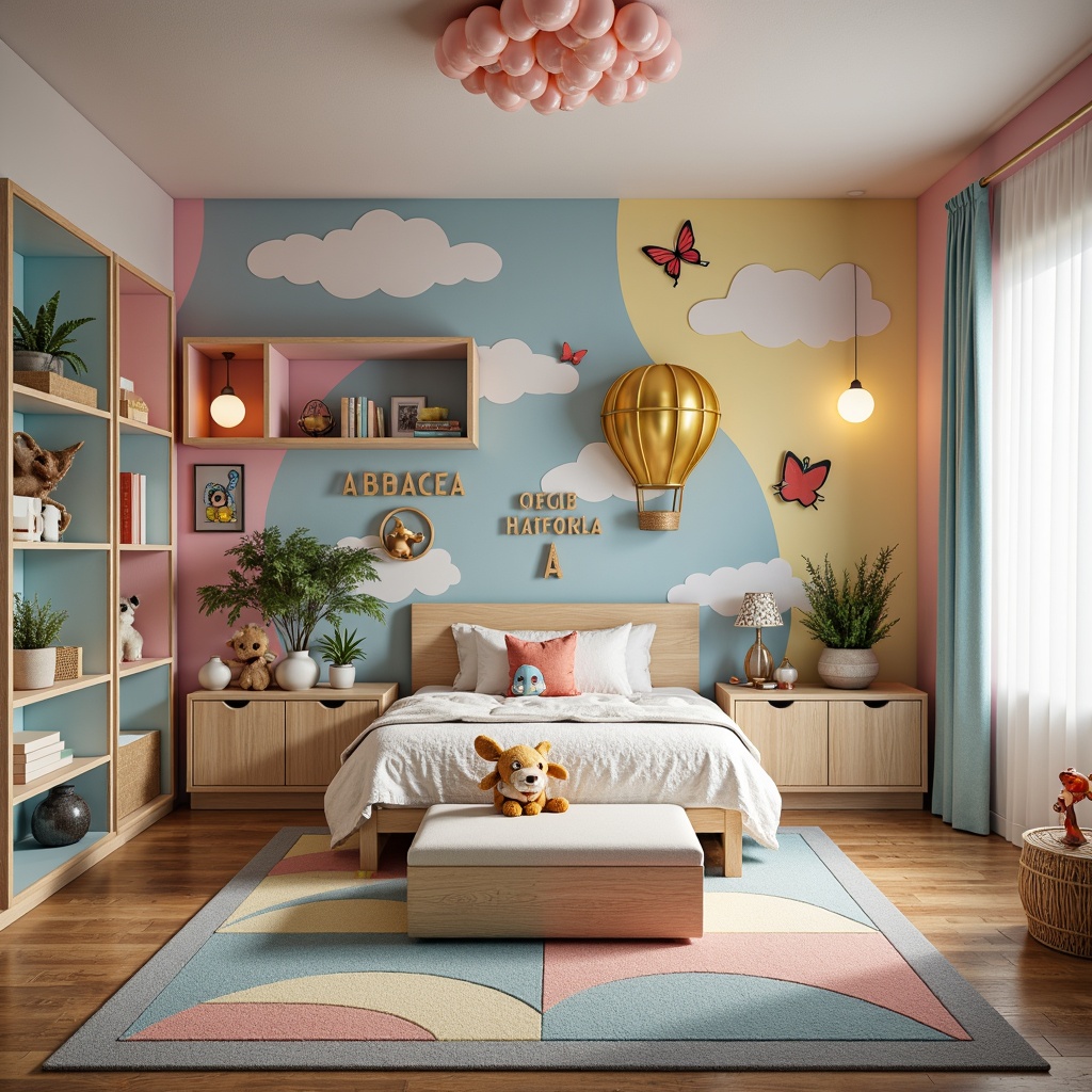 Prompt: Whimsical kids' bedroom, vibrant color palette, playful cartoon characters, 3D butterfly decorations, hot air balloon wall decals, fluffy cloud-shaped shelves, fairy lights, wooden alphabet letters, personalized name plates, chalkboard walls, geometric patterned rugs, modern minimalist furniture, soft pastel hues, textured fabric wallpaper, cozy reading nooks, floor-to-ceiling bookshelves, natural wood accents, eclectic artwork collections, fantastical creature illustrations, dreamy cloud-inspired ceiling designs, warm softbox lighting, 1/2 composition, intimate atmosphere.