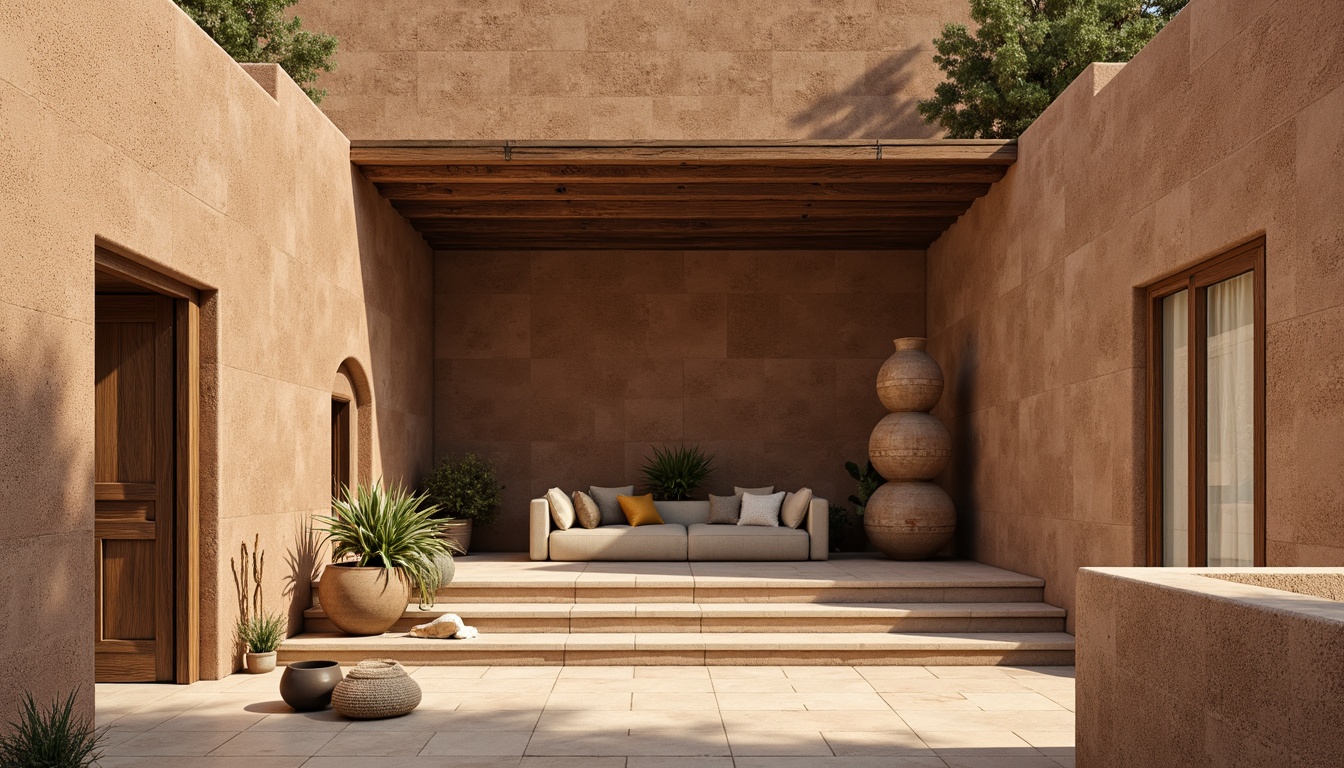 Prompt: Earthy rammed earth wall, organic texture, natural materiality, rustic color palette, uneven surface, rough-hewn edges, earthy aroma, serene ambiance, warm sunlight, soft shadows, natural stone foundation, wooden door frames, minimalist decor, earthenware planters, woven fiber textiles, handmade ceramics, subtle color variations, 1/1 composition, shallow depth of field, realistic textures, ambient occlusion.