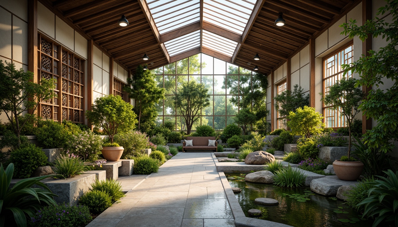 Prompt: Serene Asian-style greenhouse, lush greenery, exotic plants, natural stone walls, wooden accents, intricately carved doors, vibrant flowers, tranquil water features, soft warm lighting, shallow depth of field, 3/4 composition, panoramic view, realistic textures, ambient occlusion, tropical atmosphere, humid climate, misting systems, delicate bonsai trees, ornate ceramic planters, subtle fragrance, peaceful ambiance.