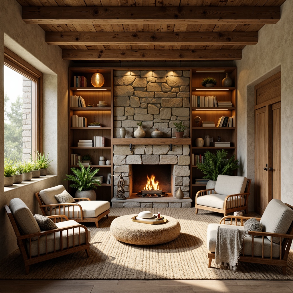 Prompt: Rustic wooden accents, natural stone walls, earthy color palette, woven wicker furniture, plush throw blankets, soft ambient lighting, warm beige tones, cozy reading nooks, vintage distressed textures, rich wood grain patterns, organic shapes, nature-inspired decor, warm inviting atmosphere, shallow depth of field, 3/4 composition, realistic rendering.