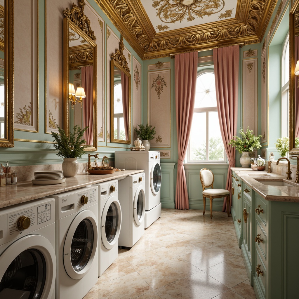 Prompt: Ornate laundry room, soft pastel colors, gold accents, intricate carvings, ornamental mirrors, delicate porcelain fixtures, lavish fabrics, velvet drapes, crystal chandeliers, elegant curves, refined lines, luxurious marble countertops, antique bronze hardware, subtle floral patterns, warm golden lighting, shallow depth of field, 1/1 composition, realistic textures, ambient occlusion.