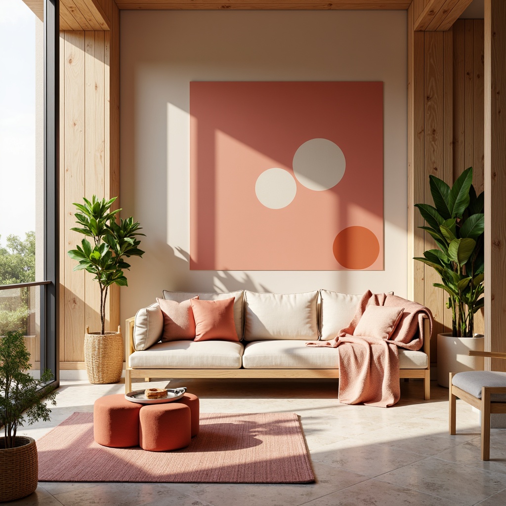 Prompt: Vibrant modern interior, trendy furniture pieces, bold accent walls, pastel hues, soft peach tones, calming beige backgrounds, rich wood textures, metallic gold accents, natural stone floors, oversized windows, abundant sunlight, warm cozy atmosphere, shallow depth of field, 1/1 composition, realistic renderings, ambient occlusion.