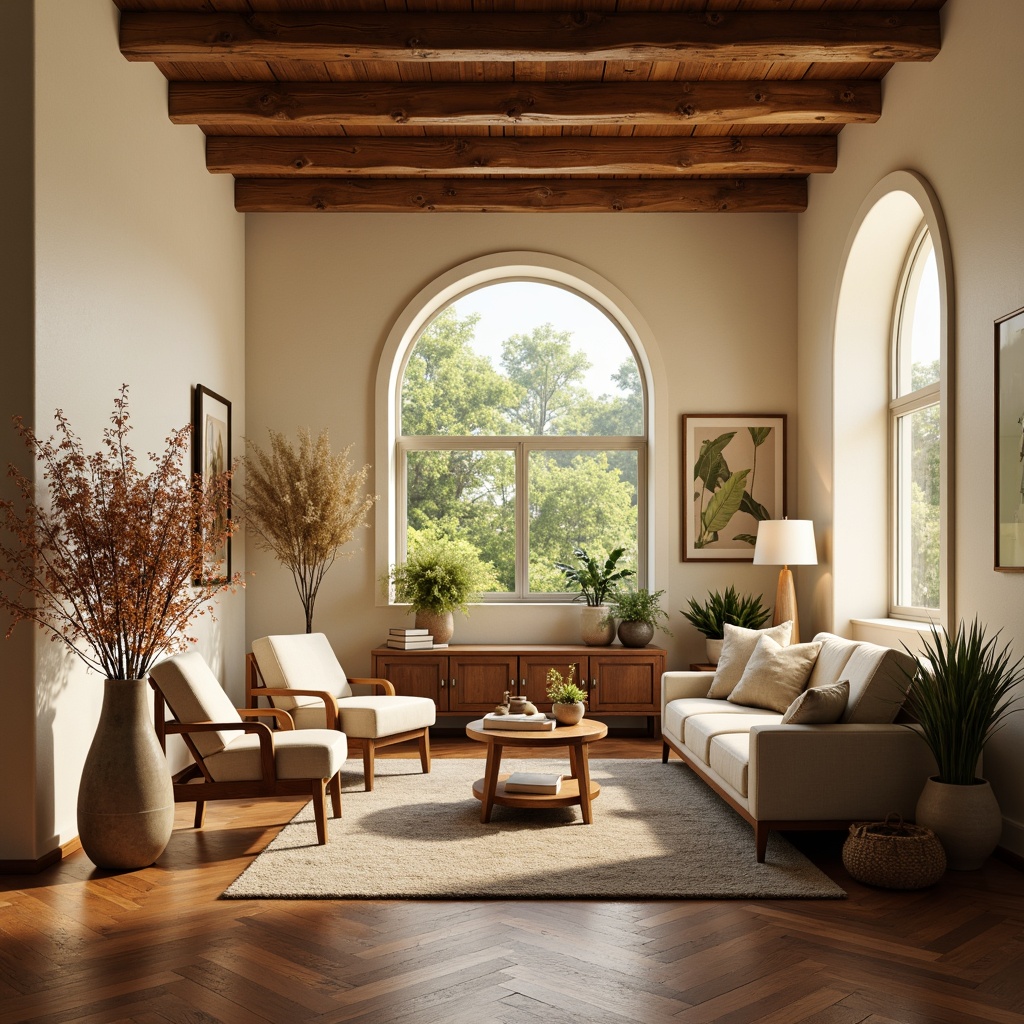 Prompt: Cozy living room, warm beige walls, rich walnut furniture, plush velvet sofas, soft golden lighting, natural wood accents, earthy terracotta floors, vibrant greenery, blooming flowers, calming ambiance, soothing color scheme, pastel hues, creamy whites, gentle grays, warm neutrals, inviting atmosphere, comfortable seating, relaxing vibes, soft focus, shallow depth of field, 1/1 composition.